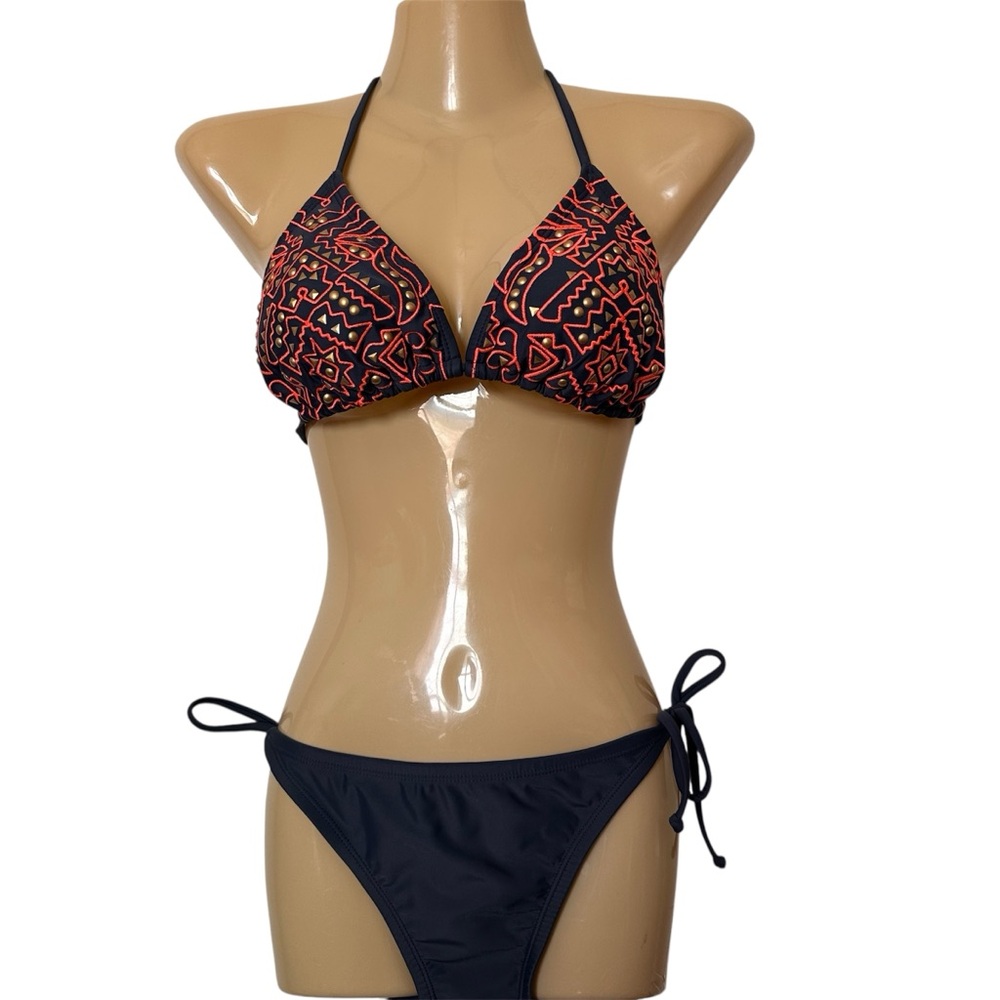 Xhilaration Black Bikini Navy Blue with Studs and Orange Tribal Print Top
